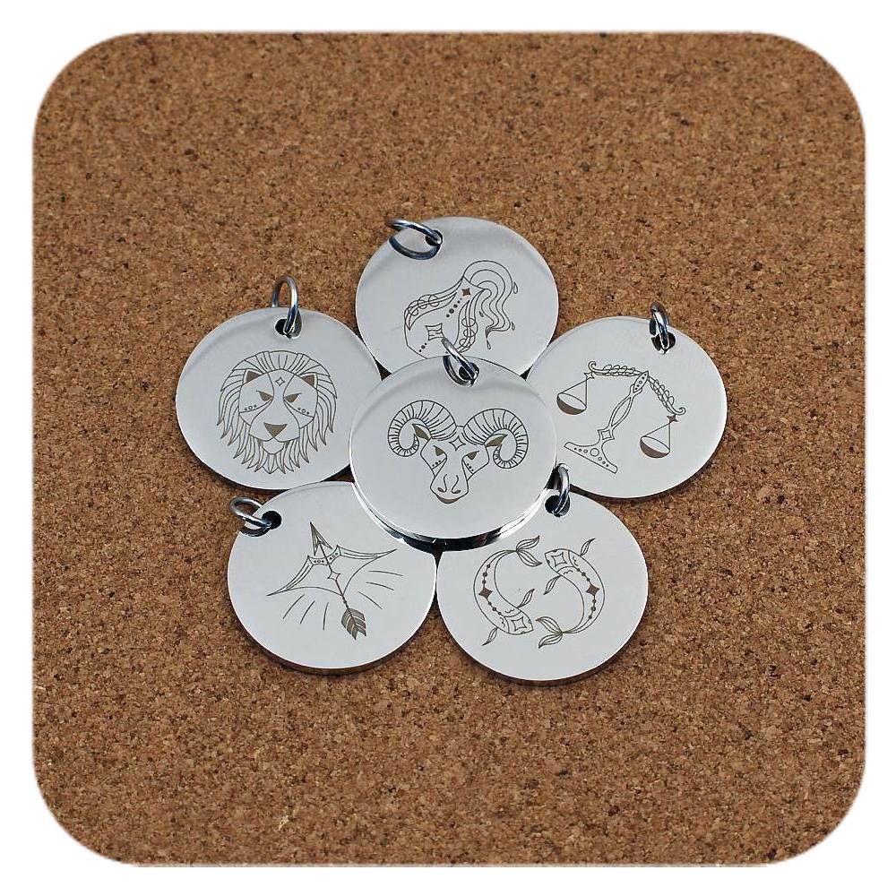 Zodiac Star Sign Engraved Stainless Steel Pendant Clip On Charm Necklace