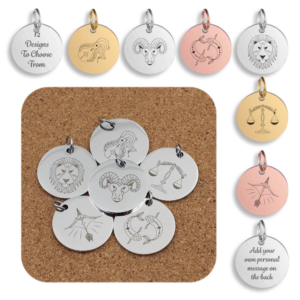 Zodiac Star Sign Engraved Stainless Steel Pendant | Clip On Charm | Necklace