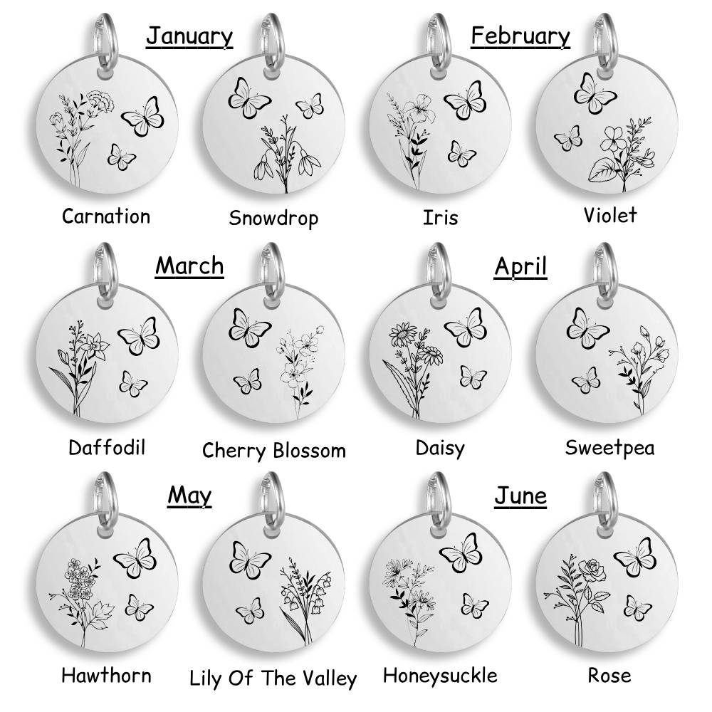 Birth Flower Butterfly Stainless Steel Pendant Clip On Charm Necklace Engraved