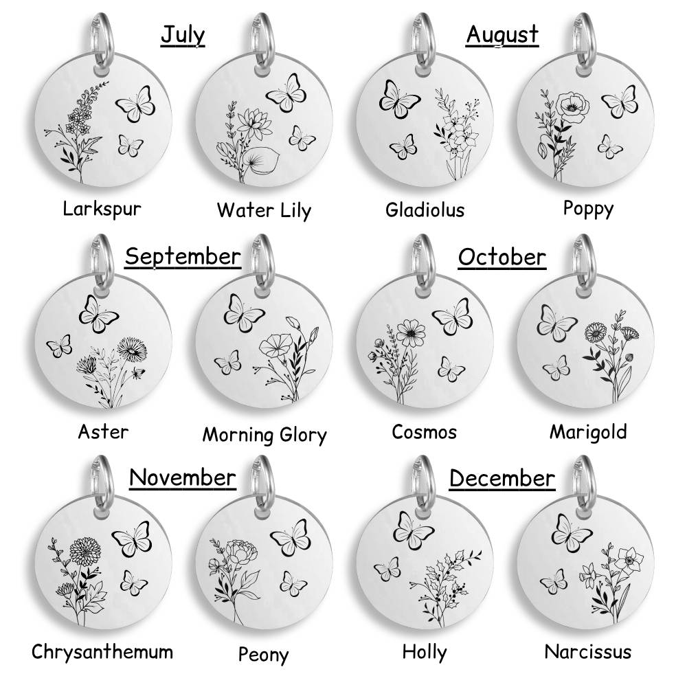 Birth Flower Butterfly Stainless Steel Pendant Clip On Charm Necklace Engraved