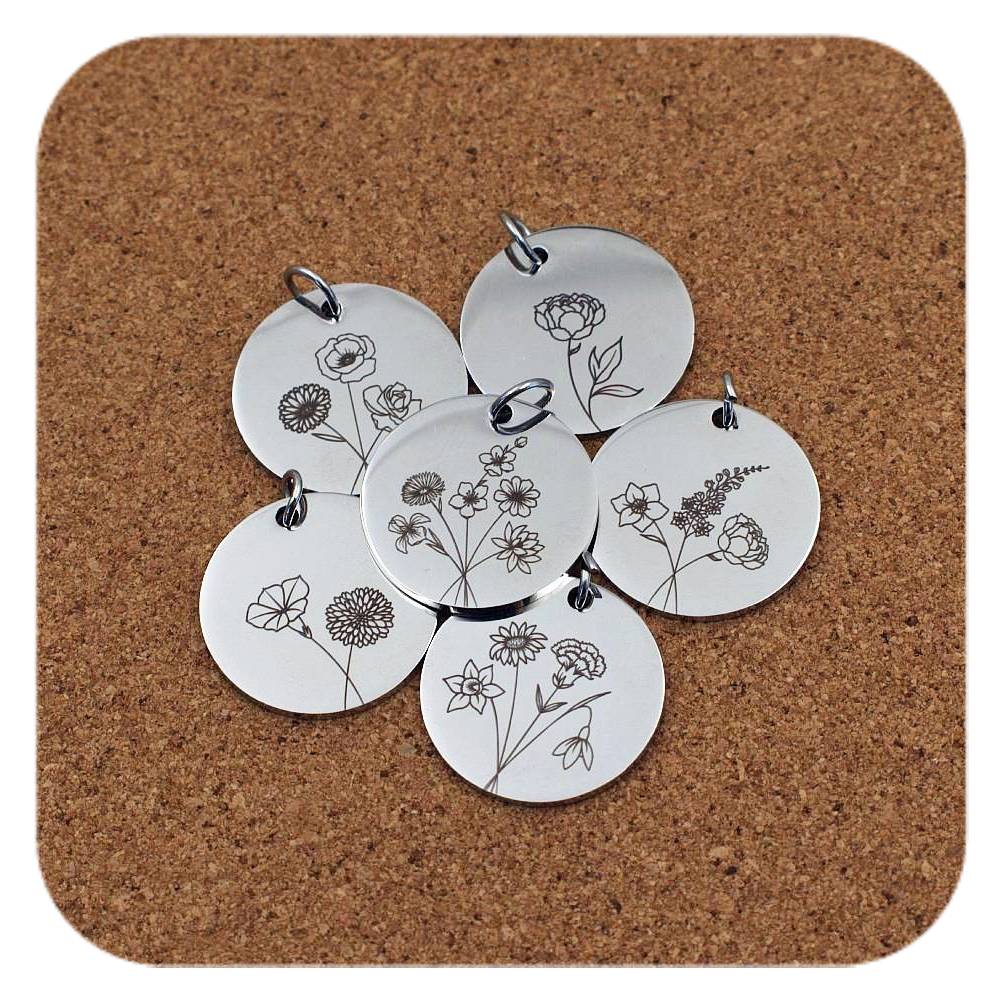 Floral Birth Flower Pendant Clip On Charm Necklace Engraved Stainless Steel Custom