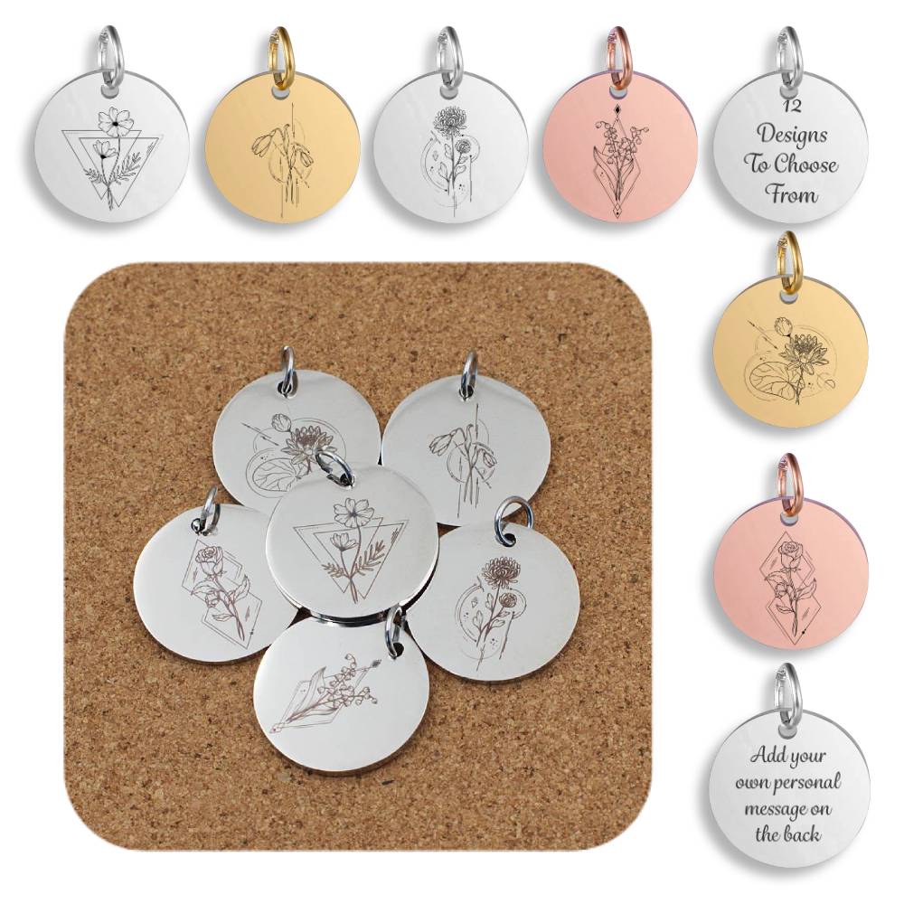 Birth Flower Geometrical Engraved Stainless Steel Pendant | Clip On Charm | Necklace