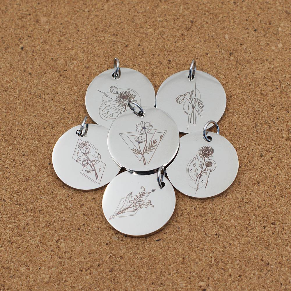 Birth Flower Geometrical Engraved Stainless Steel Pendant | Clip On Charm | Necklace
