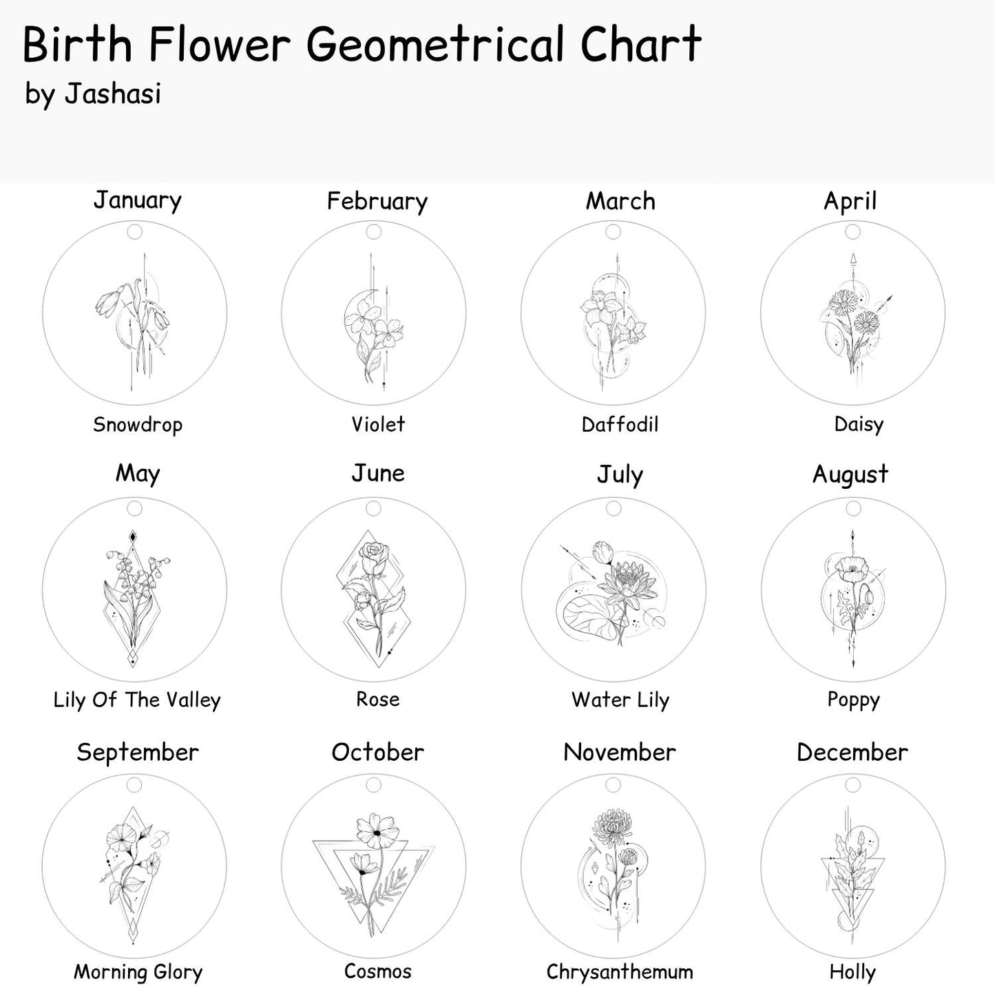 Birth Flower Geometrical Engraved Stainless Steel Pendant | Clip On Charm | Necklace