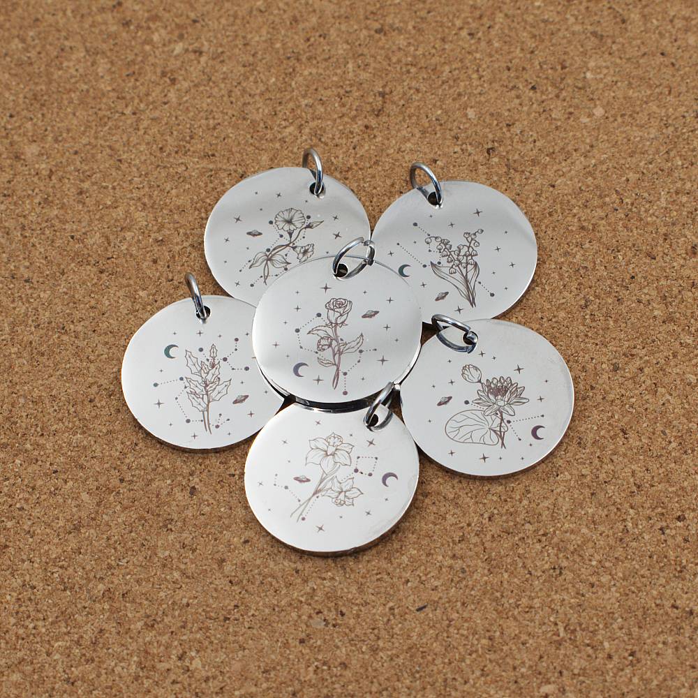 Birth Flower Celestial Engraved Stainless Steel Pendant | Clip On Charm | Necklace