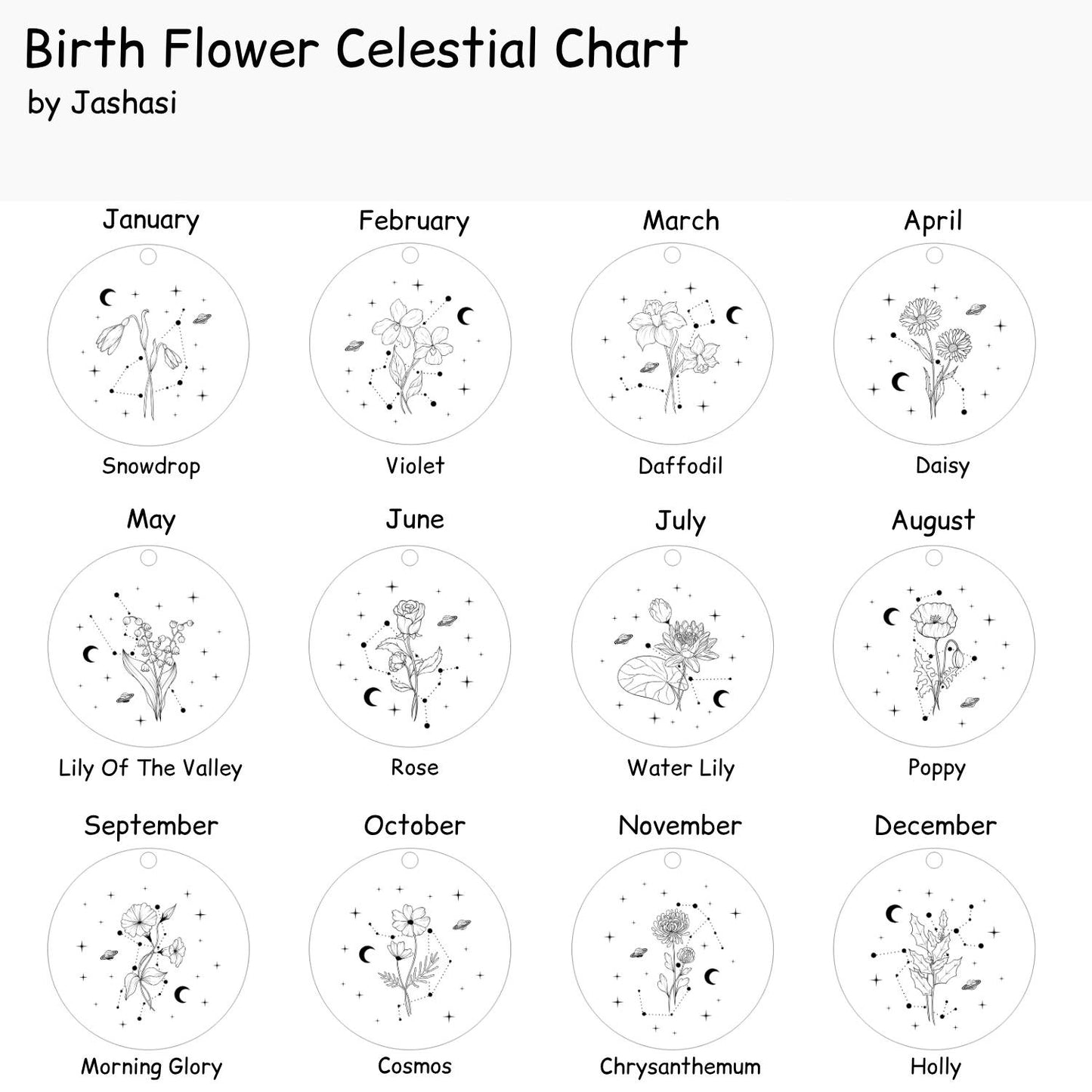 Birth Flower Celestial Engraved Stainless Steel Pendant | Clip On Charm | Necklace