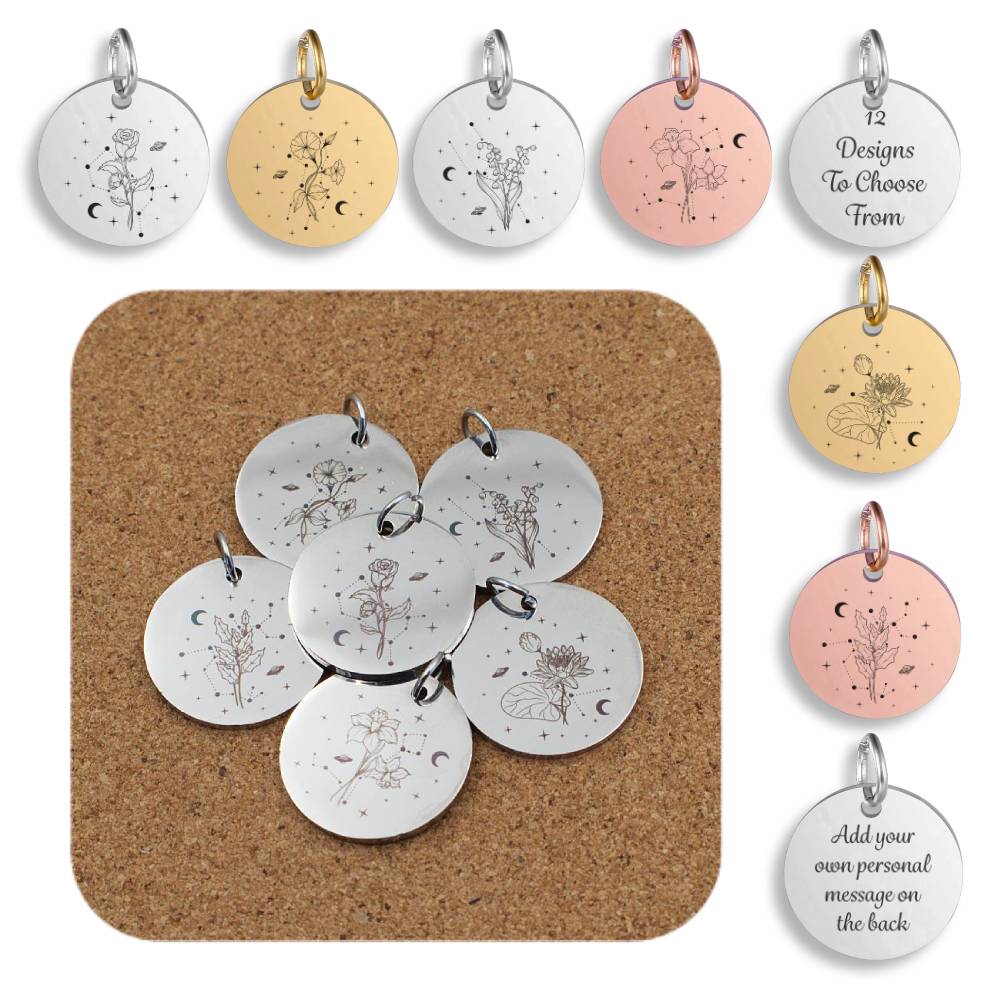 Birth Flower Celestial Engraved Stainless Steel Pendant | Clip On Charm | Necklace