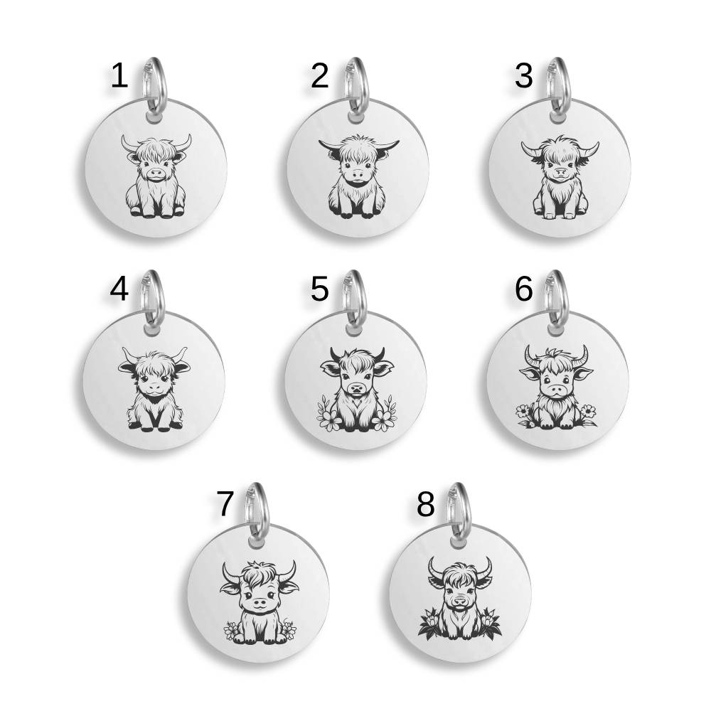 Highland Cow Engraved Stainless Steel Pendant | Clip On Charm | Necklace