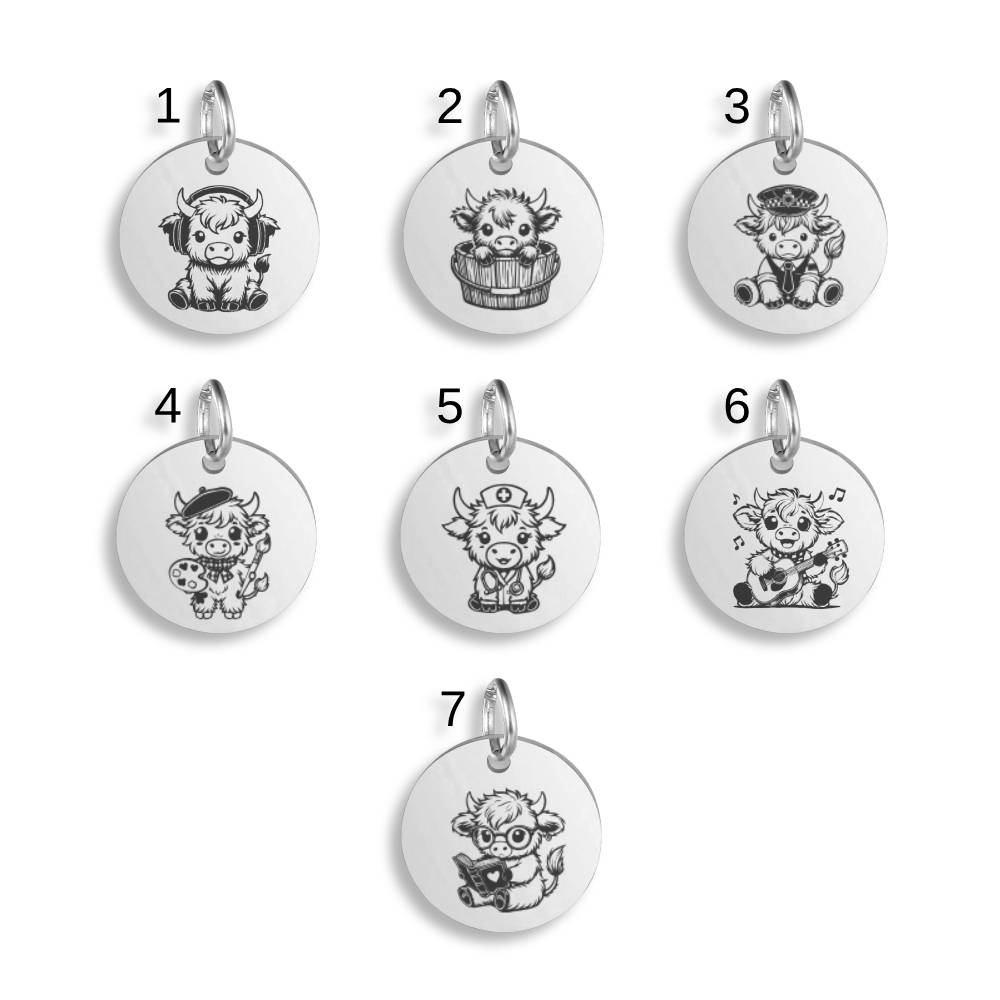 Scottish Highland Cow Stainless Steel Custom Pendant Clip On Charm Necklace Engraved
