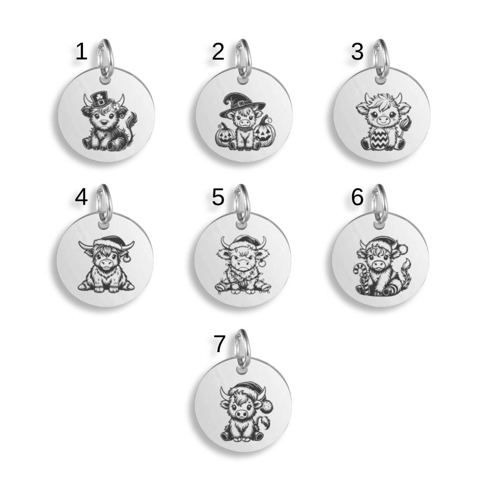 Highland Cow Pendant Clip On Charm Necklace Stainless Steel Engraved Custom
