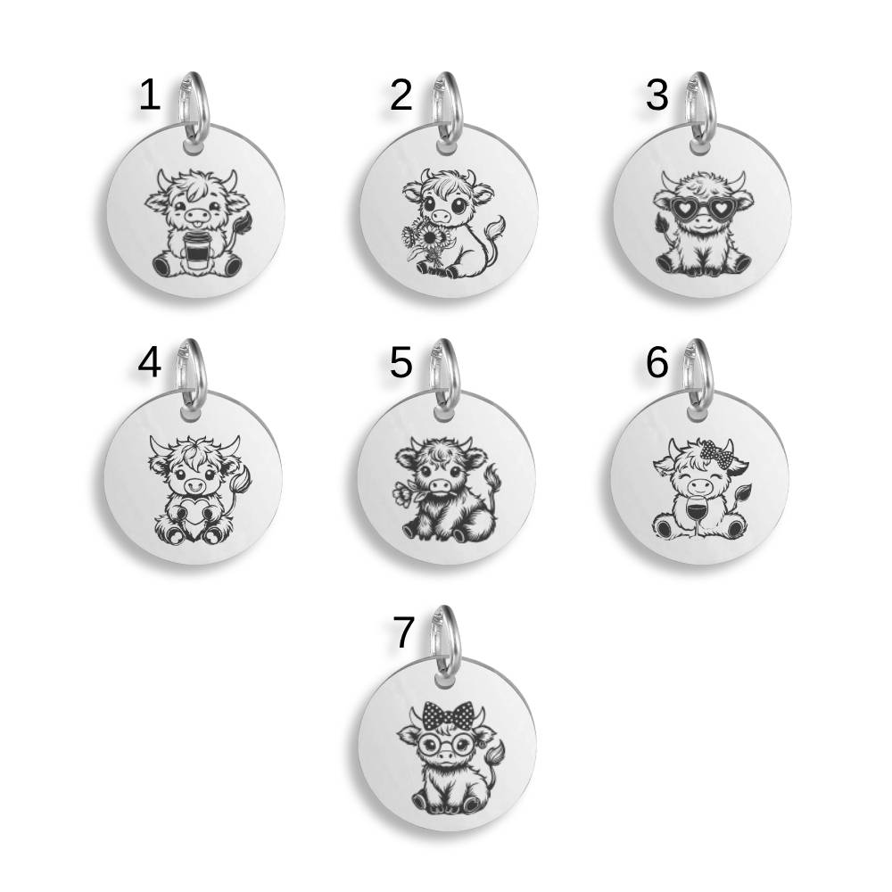 Cute & Sassy Highland Cow Stainless Steel Pendant Clip On Charm Necklace Engraved Custom