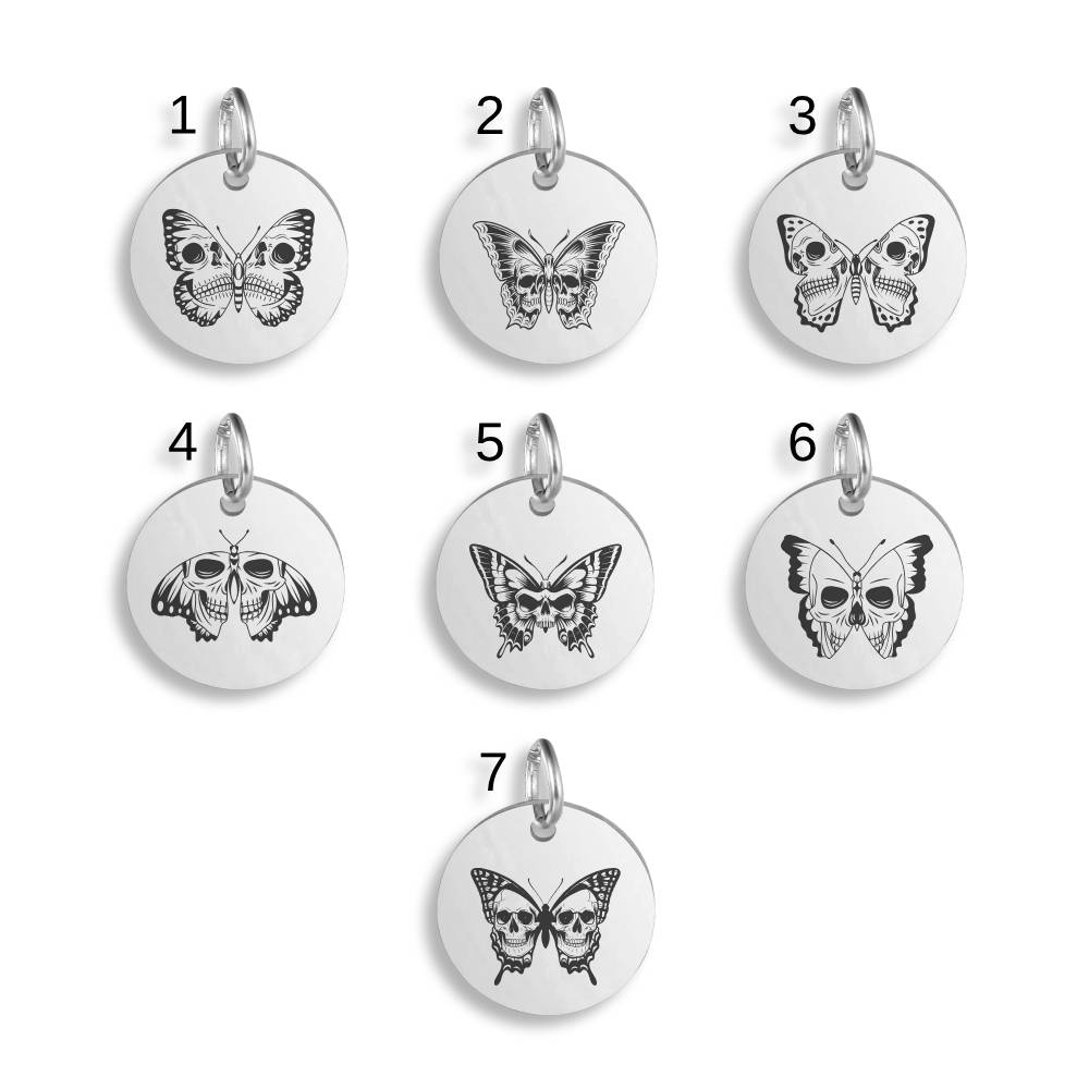 Skull Butterfly Engraved Stainless Steel Pendant | Clip On Charm | Necklace
