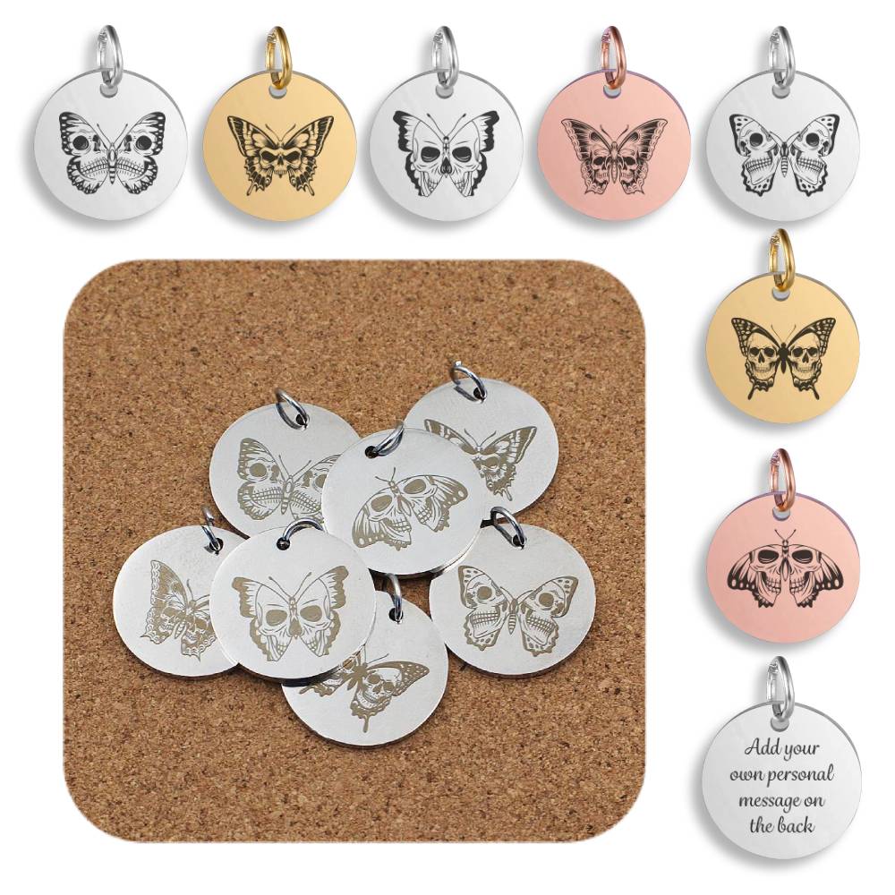 Skull Butterfly Engraved Stainless Steel Pendant | Clip On Charm | Necklace