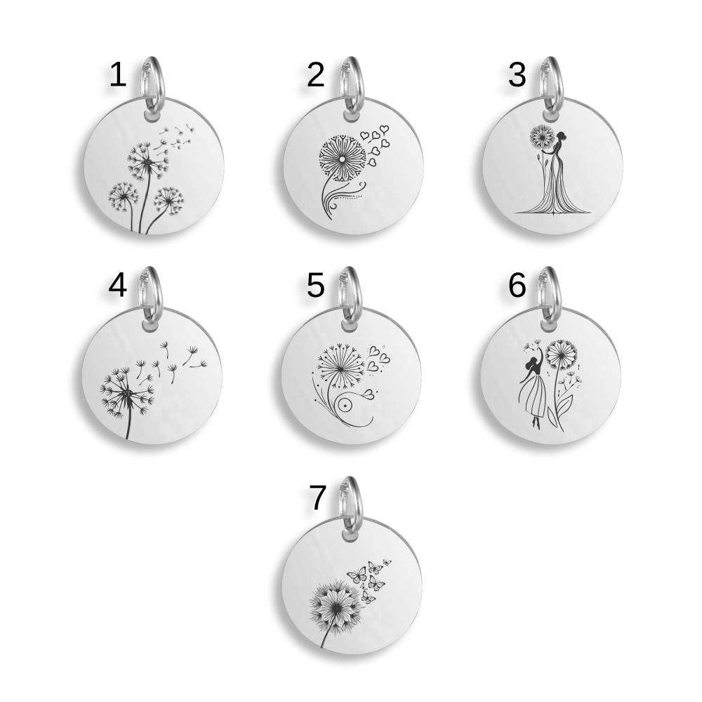 Dandelion Engraved Stainless Steel Pendant | Clip On Charm | Necklace