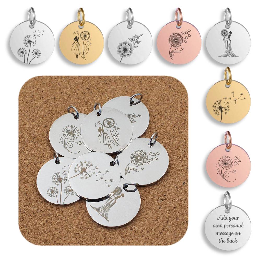 Dandelion Engraved Stainless Steel Pendant | Clip On Charm | Necklace