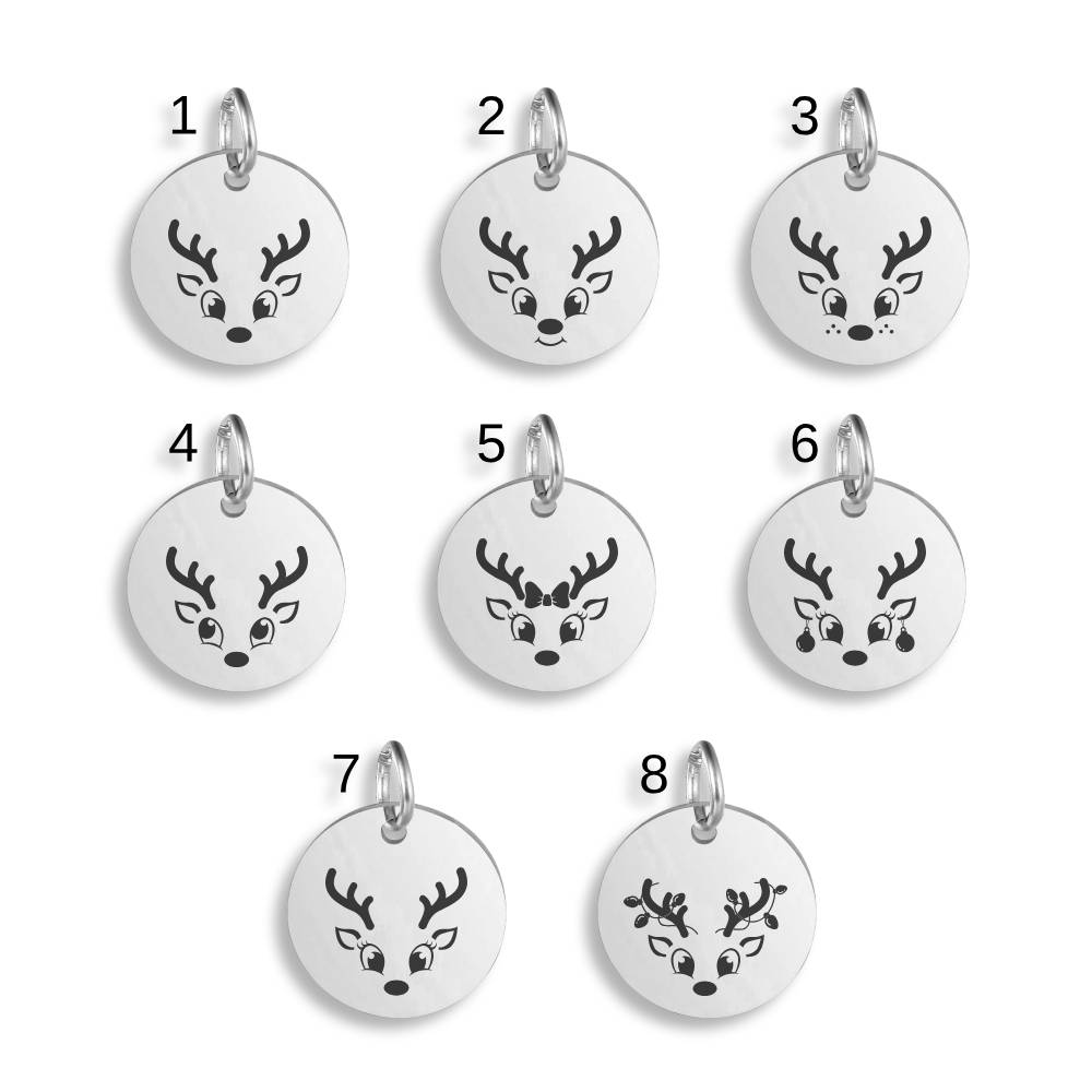 Reindeer Head Engraved Stainless Steel Pendant | Clip On Charm | Necklace