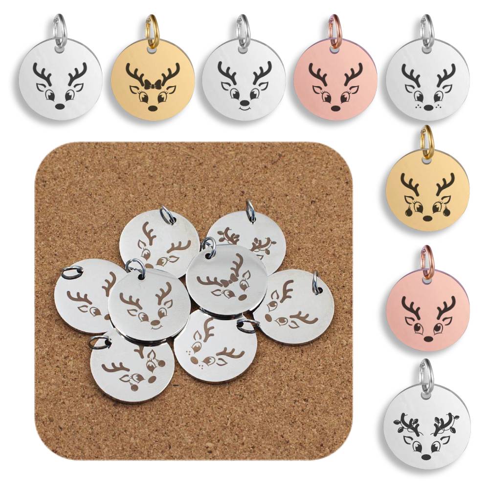 Reindeer Head Engraved Stainless Steel Pendant | Clip On Charm | Necklace
