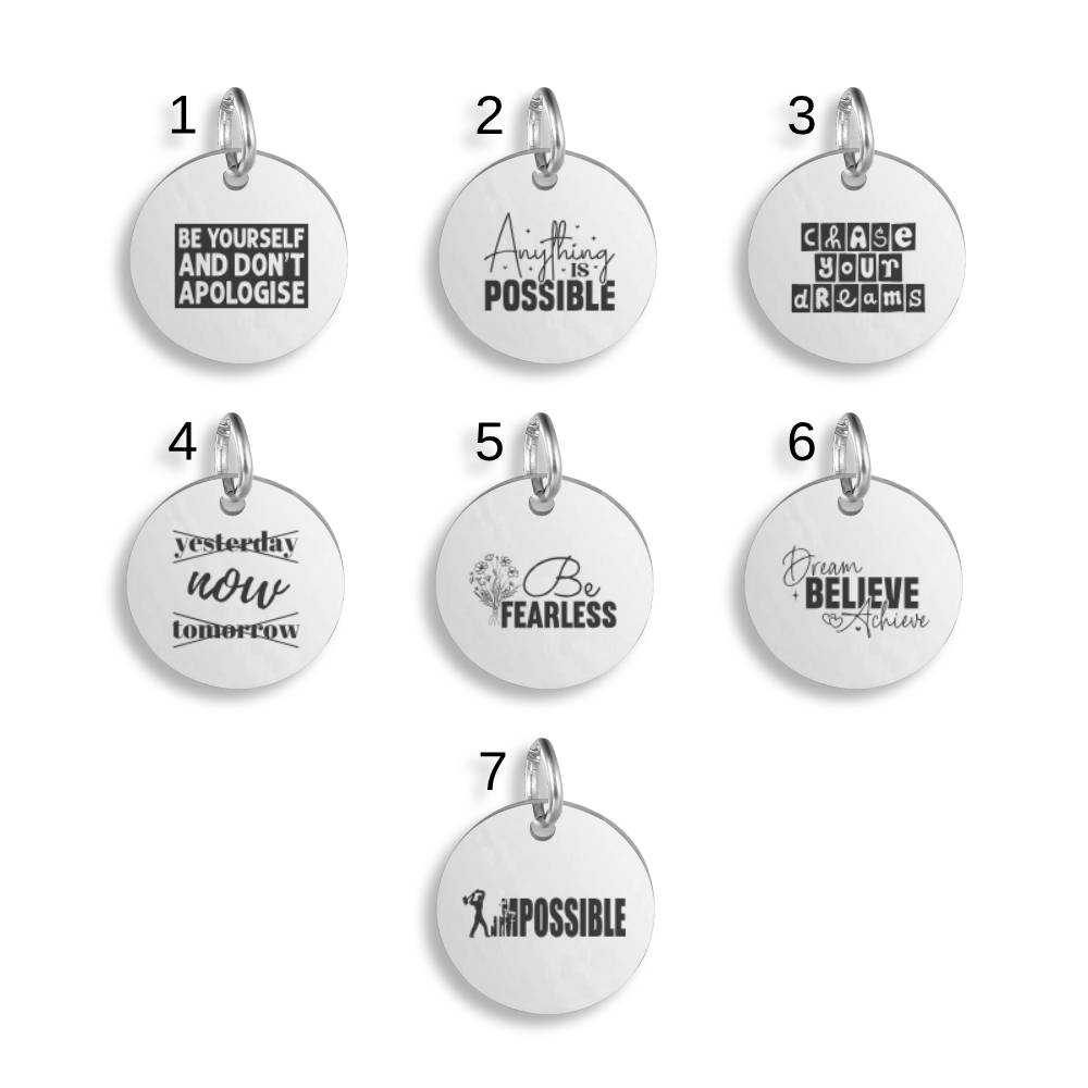 Motivational Quote Pendant Clip On Charm Necklace Custom Engraved Stainless Steel