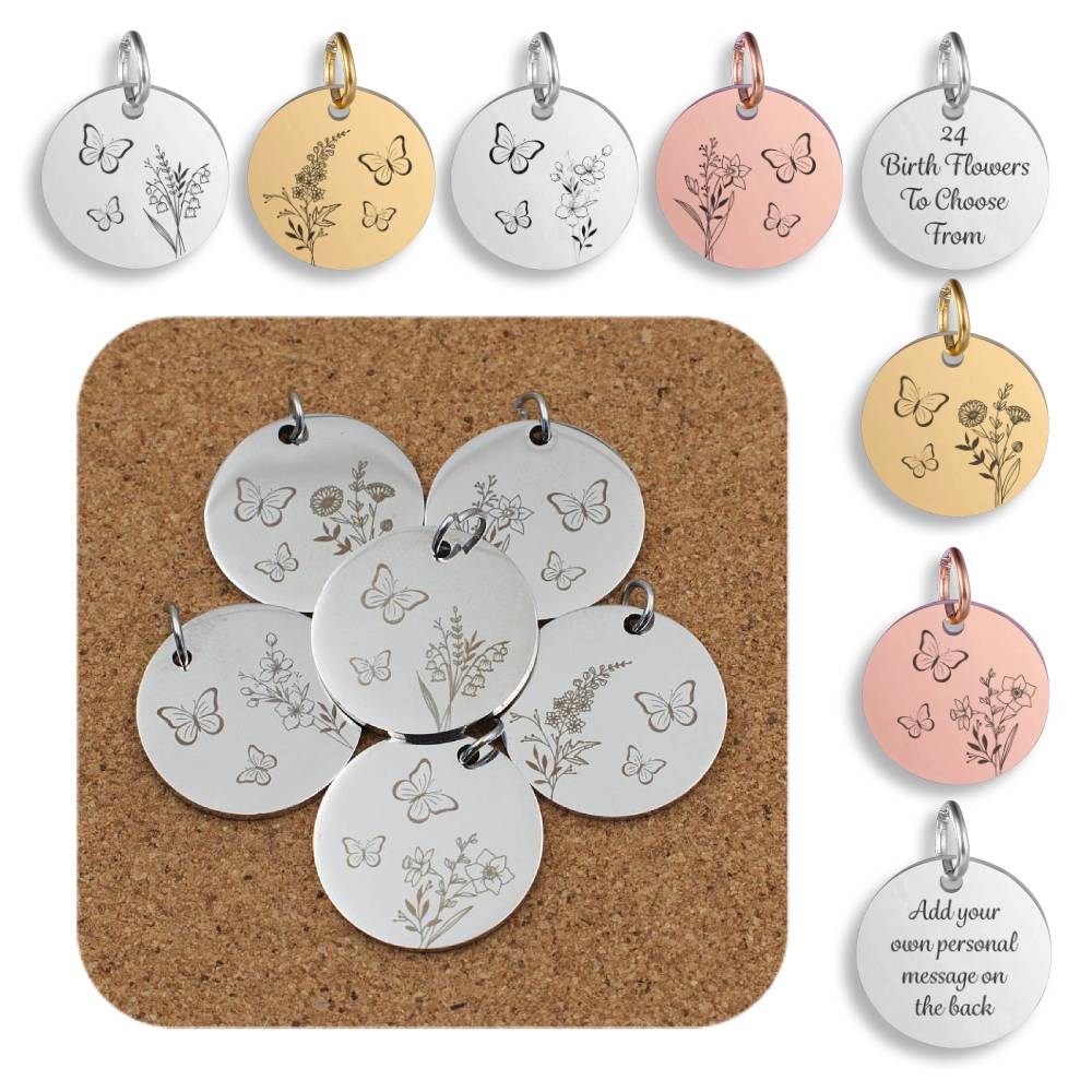 Birth Flower & Butterfly Engraved Stainless Steel Pendant | Clip On Charm | Necklace