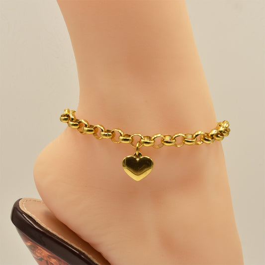 Rolo Chain With Heart Golden Stainless Steel Anklet