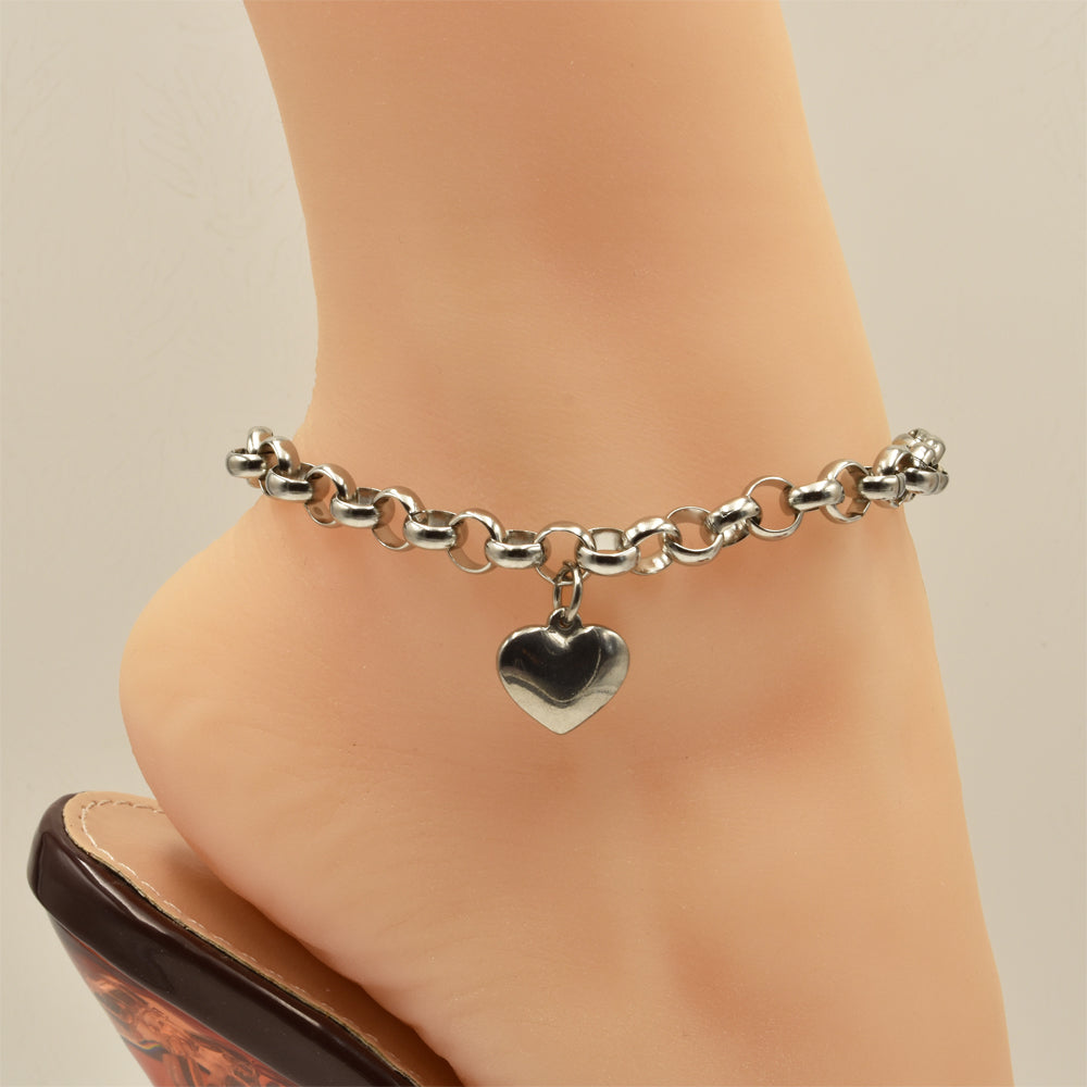 Rolo Chain With Heart Silver Stainless Steel Anklet