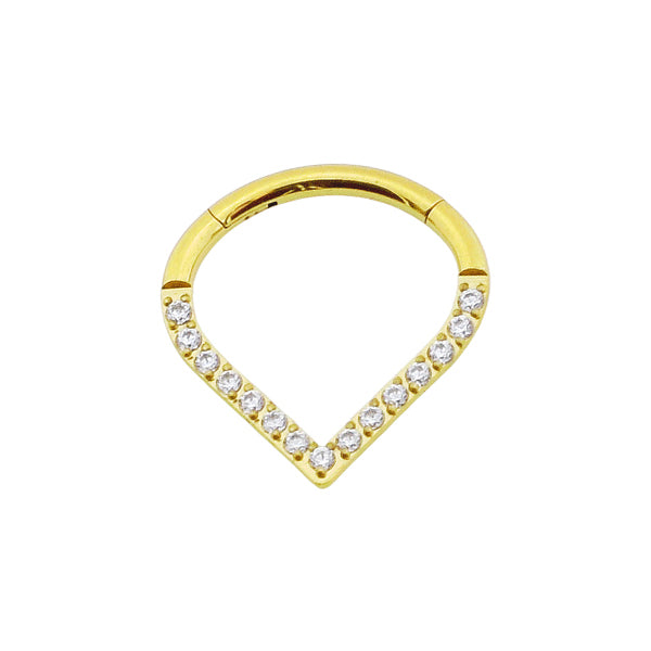 V Shape Clear CZ Golden Stainless Steel Hinged Clicker 8|10mm