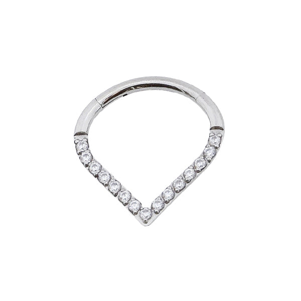 V Shape Clear CZ Silver Stainless Steel Hinged Clicker 8|10mm