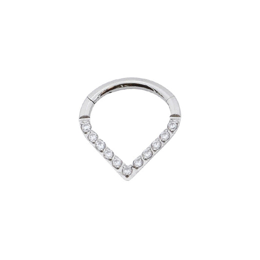 V Shape Clear CZ Silver Stainless Steel Hinged Clicker 8|10mm