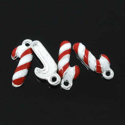 10 pack candy cane silver-plated enamel charms
