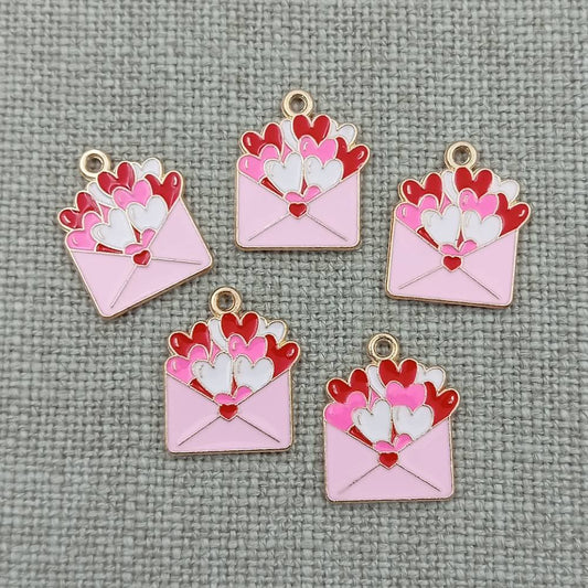 pink hearts envelope gold tone charms pendants 10 pack