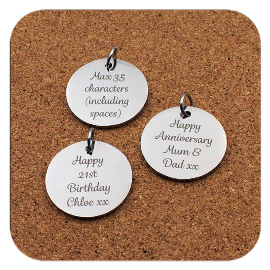 Round stainless steel disc pendants with personalised engraving examples