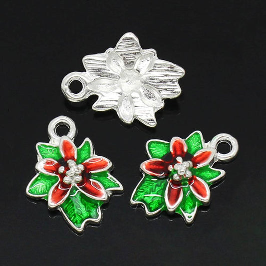 10 pack poinsettia silver-plated enamel charms