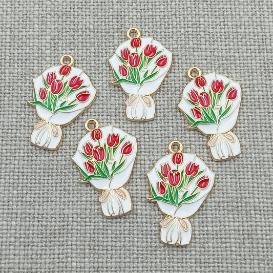 bouquet red flowers gold tone charms pendants 8 pack