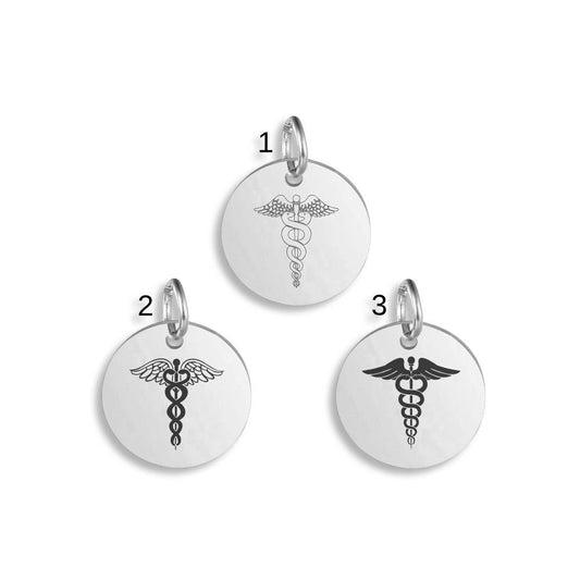 Silver pendants with different Caduceus Medical ID designs on a white background