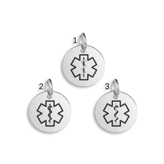 Silver pendants with different Medical Alert Star Of Life designs on a white background