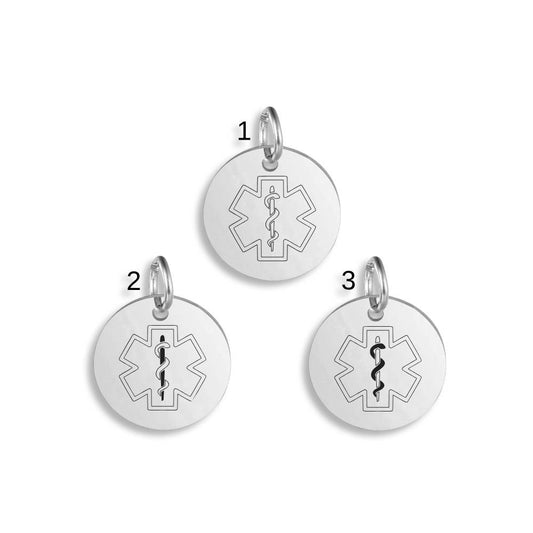 Silver pendants with different Star Of Life Medical ID designs on a white background