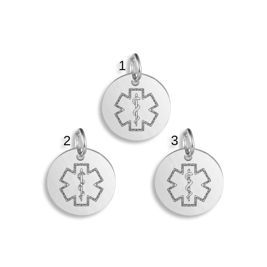 Silver pendants with different Star Of Life Symbol designs on a white background