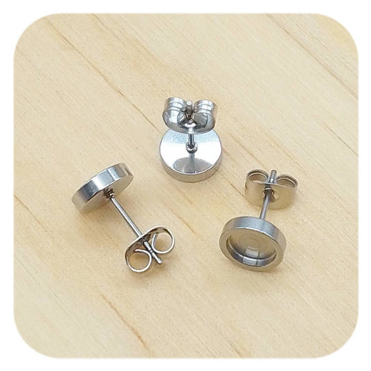 silver stainless steel blank cabochon ridged earrings 6mm