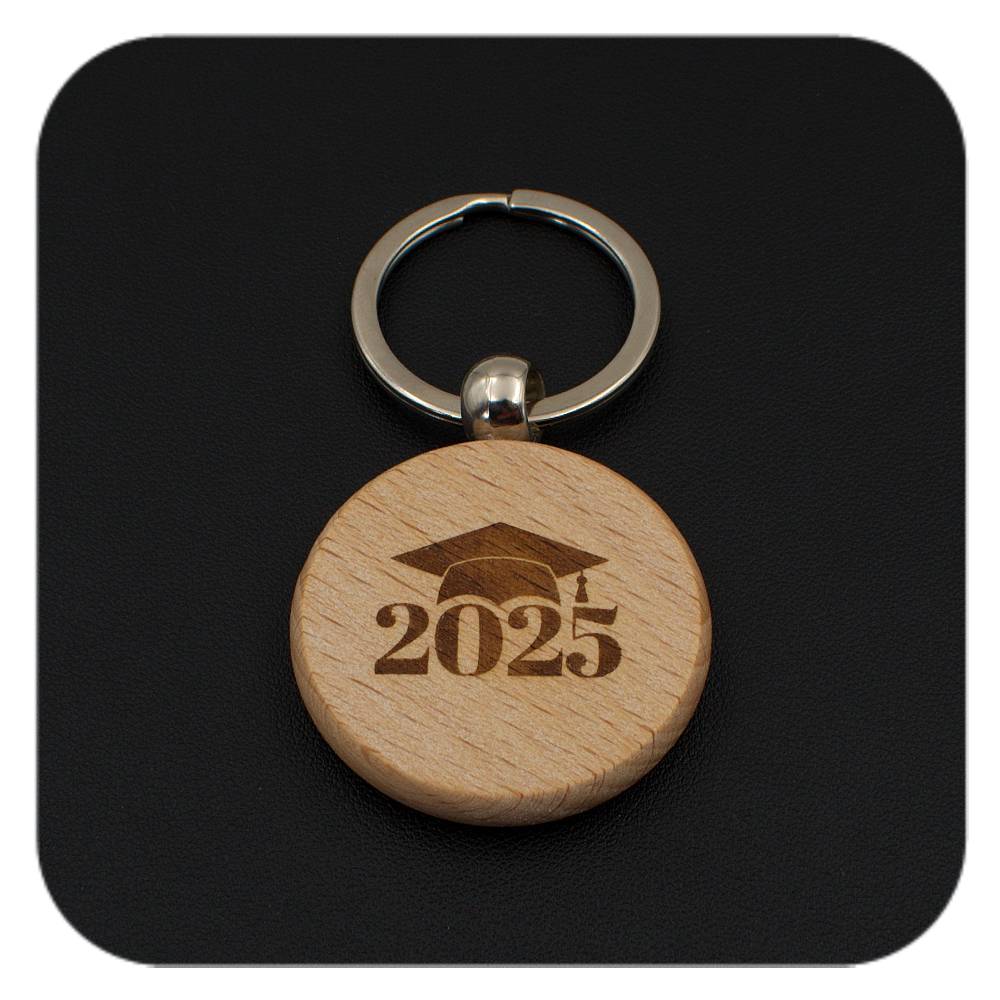 Wooden keyring with Graduation Cap 2025 design on black background