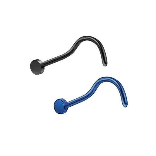 2 Flat Circle Black Blue Stainless Steel Curved Screw Nose Studs