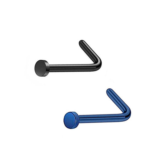 2 Flat Circle Black Blue Stainless Steel L Bend Nose Studs
