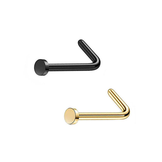2 Flat Circle Black Golden Stainless Steel L Bend Nose Studs