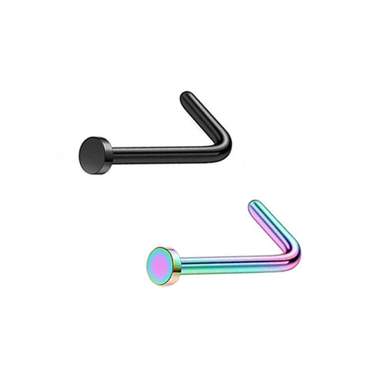 2 Flat Circle Black Rainbow Stainless Steel L Bend Nose Studs