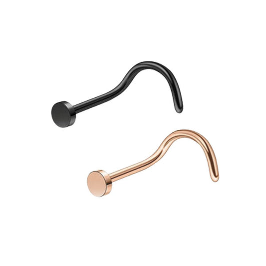 2 Flat Circle Black Rose Gold Stainless Steel Curved Screw Nose Studs