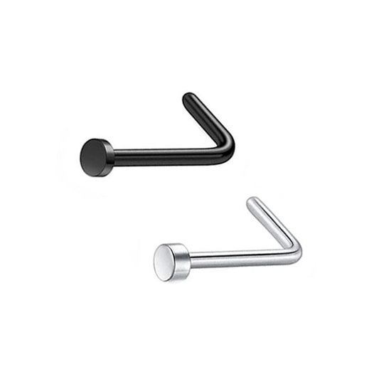 2 Flat Circle Black Silver Stainless Steel L Bend Nose Studs