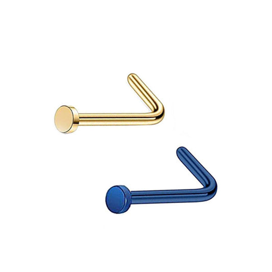2 Flat Circle Golden Blue Stainless Steel L Bend Nose Studs