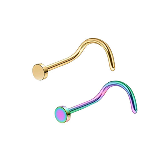 2 Flat Circle Golden Rainbow Stainless Steel Curved Screw Nose Studs