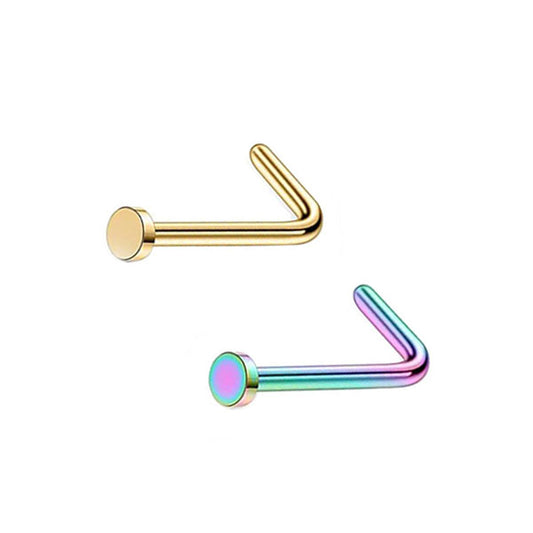 2 Flat Circle Golden Rainbow Stainless Steel L Bend Nose Studs