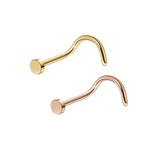 2 Flat Circle Golden Rose Gold Stainless Steel Curved Screw Nose Studs