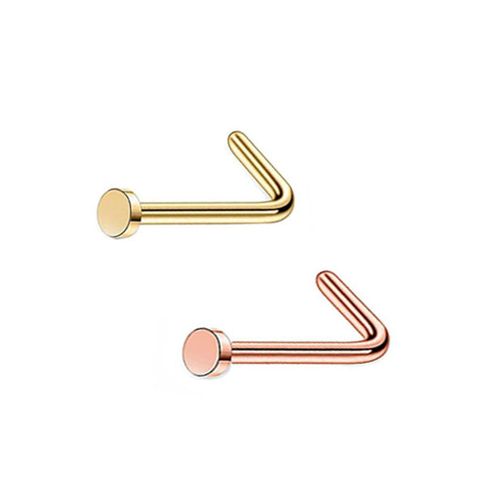 2 Flat Circle Golden Rose Gold Stainless Steel L Bend Nose Studs